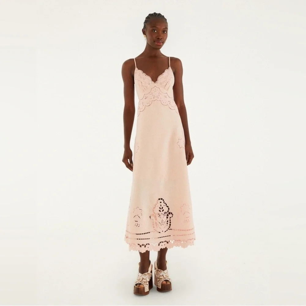 Farm Rio Pink Richelieu Euroflax Premium Linen Slip Midi Dress - Picture 1 of 8